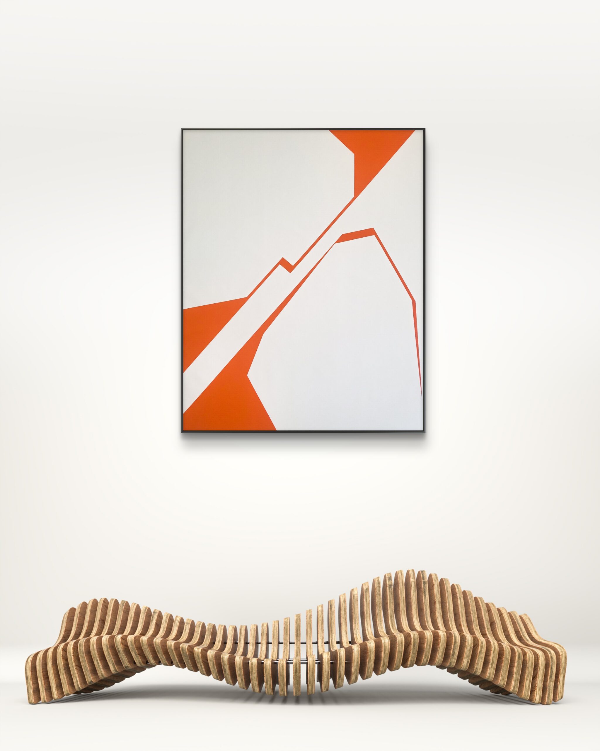 Minimalist abstract art in orange and white by Veronika Obushikhina hanging above a modern wooden bench