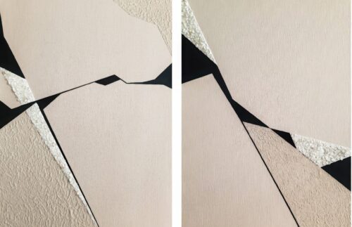 Contemporary abstract diptych painting with sharp black lines, textured beige surface, and embedded white stone fragments by Veronika Obushikhina, from the Resilience series