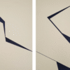 Minimalist geometric abstract diptych painting with sharp navy and beige shapes by Veronika Obushikhina