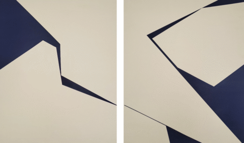 Minimalist geometric abstract diptych painting with sharp navy and beige shapes by Veronika Obushikhina