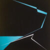 Minimalist abstract painting with sharp blue and white geometric lines cutting through a deep black background, creating a sense of tension and directional force – contemporary artwork by Veronika Obushikhina.