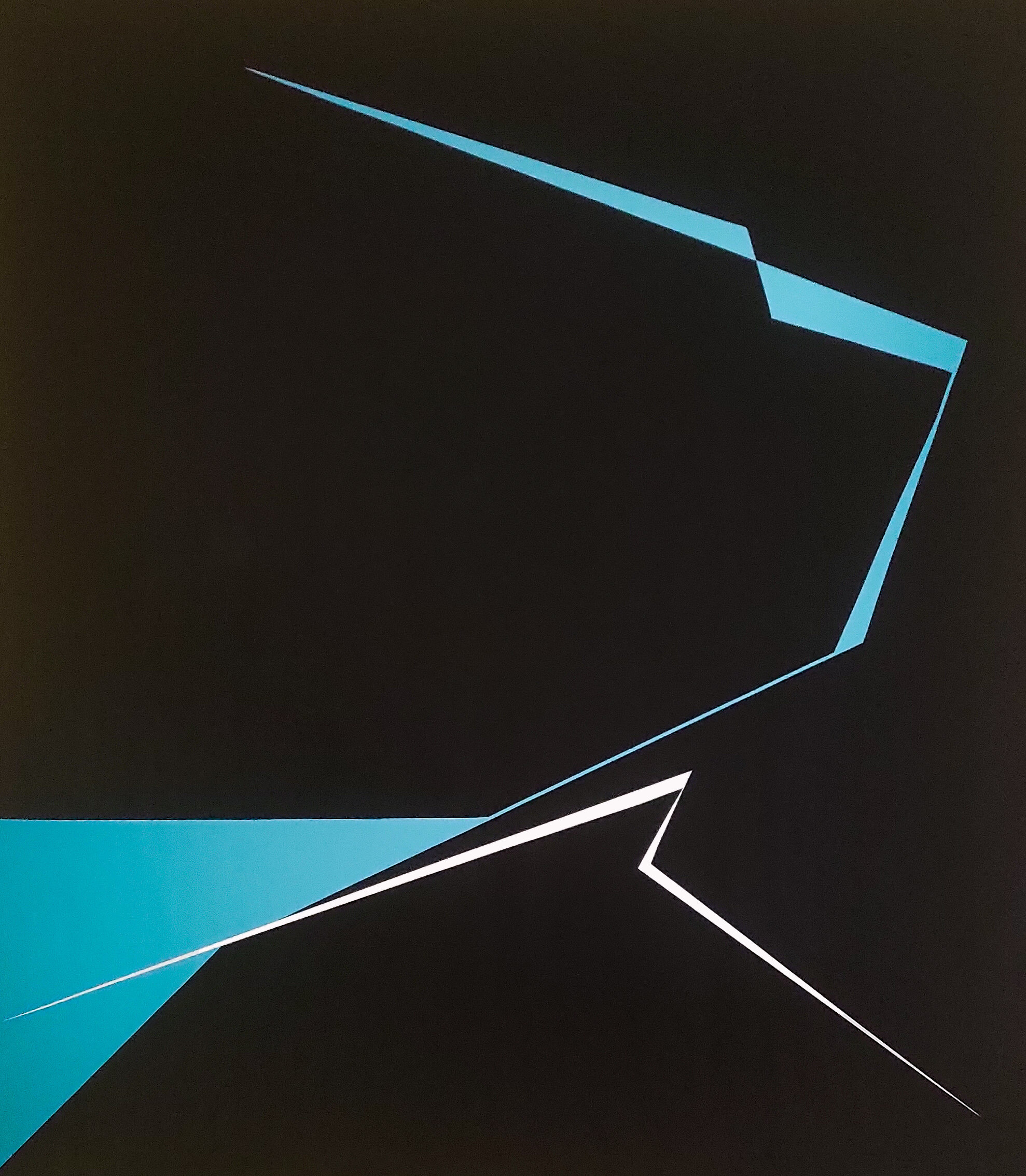 Minimalist abstract art by Veronika Obushikhina with sharp light blue and white lines breaking through a deep black background, titled Divergence 2