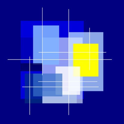 Geometric abstract digital artwork with layered blue and yellow squares and intersecting white lines, minimalist composition by Veronika Obushikhina