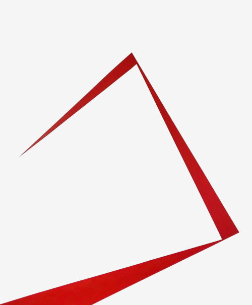 Minimalist abstract painting with sharp red angular lines on white background, hard-edge geometric composition