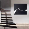 Minimalist abstract painting on stairs with a sharp white fractured line on black background by Veronika Obushikhina