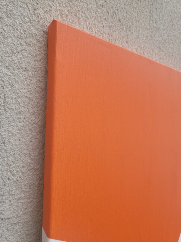 Minimalist abstract triptych painting side by Veronika Obushikhina featuring fractured lines in black, orange, and light gray. Geometric hard-edge composition exploring tension and balance.