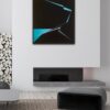 Minimalist abstract painting in inrerior with sharp blue and white geometric lines cutting through a deep black background, creating a sense of tension and directional force – contemporary artwork by Veronika Obushikhina.