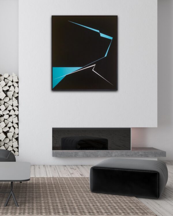Minimalist abstract painting in inrerior with sharp blue and white geometric lines cutting through a deep black background, creating a sense of tension and directional force – contemporary artwork by Veronika Obushikhina.