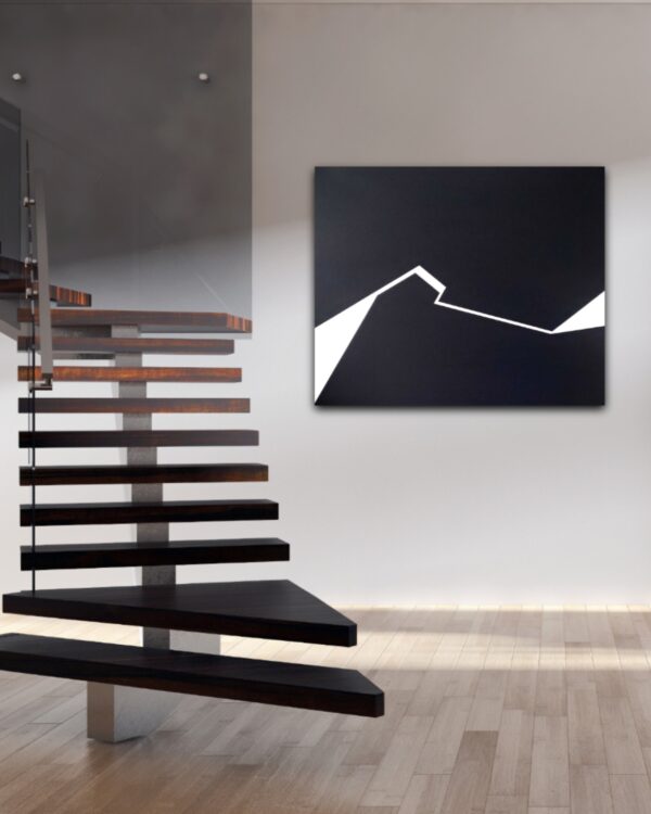 Minimalist abstract painting on stairs with a sharp white fractured line on black background by Veronika Obushikhina