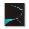Minimalist abstract painting in frame with sharp blue and white geometric lines cutting through a deep black background, creating a sense of tension and directional force – contemporary artwork by Veronika Obushikhina.