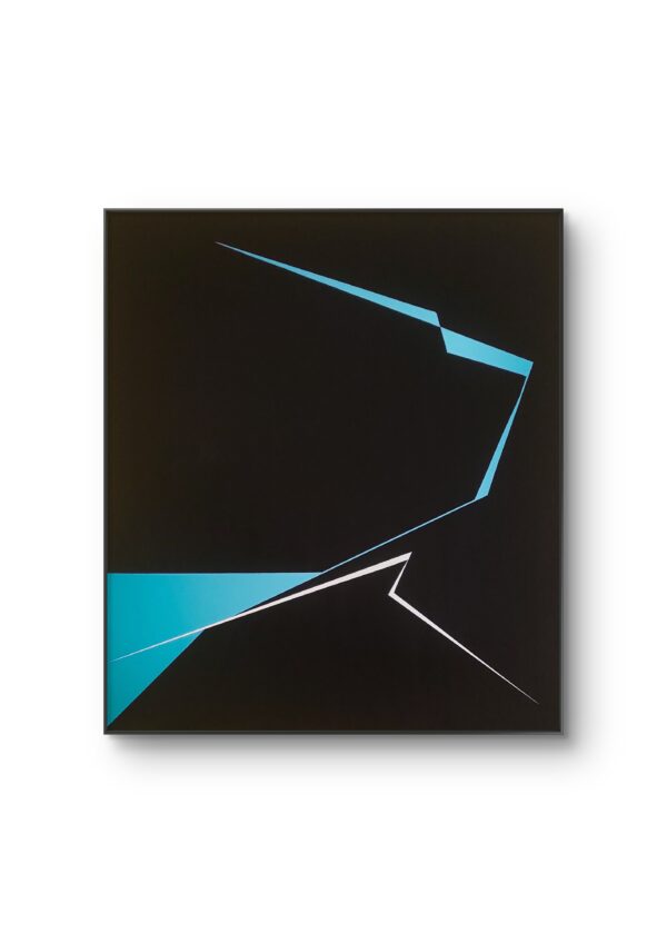 Minimalist abstract painting in frame with sharp blue and white geometric lines cutting through a deep black background, creating a sense of tension and directional force – contemporary artwork by Veronika Obushikhina.