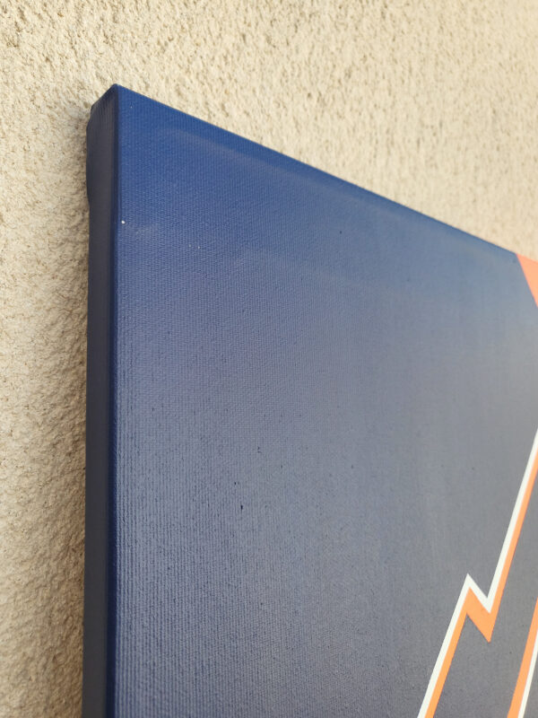 Divergence 7, minimalist abstract painting side with sharp fractured lines in white and blue on a vibrant orange background by Veronika Obushikhina