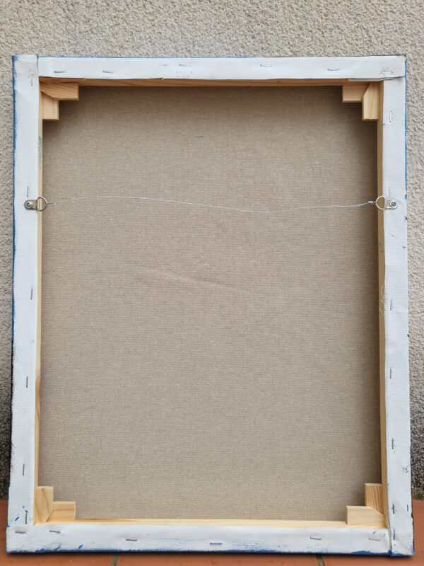 Rift 2 by Veronika Obushikhina, abstract geometric painting back with raw quartz crystals, rough white and navy textures, and sharp black lines on a blue background