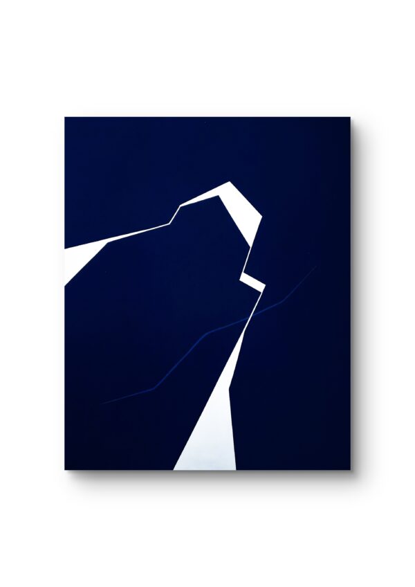 Minimalist abstract painting in frame with a sharp white fractured line on blue background by Veronika Obushikhina