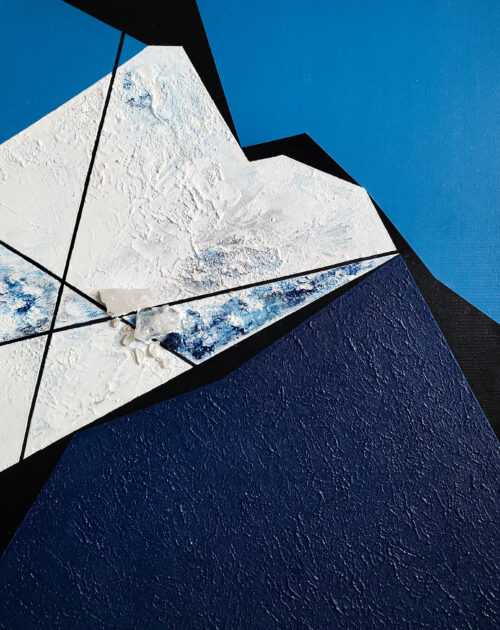 Rift 2 by Veronika Obushikhina, abstract geometric painting with raw quartz crystals, rough white and navy textures, and sharp black lines on a blue background