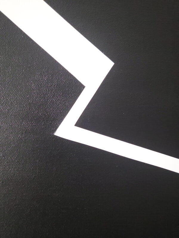 Minimalist abstract painting part with a sharp white fractured line on black background by Veronika Obushikhina