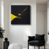 Minimalist abstract painting in interior with a sharp yellow fractured line on black background by Veronika Obushikhina