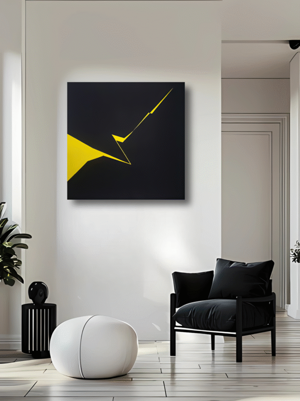 Minimalist abstract painting in interior with a sharp yellow fractured line on black background by Veronika Obushikhina