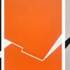 Minimalist abstract triptych painting by Veronika Obushikhina featuring fractured lines in black, orange, and light gray. Geometric hard-edge composition exploring tension and balance.