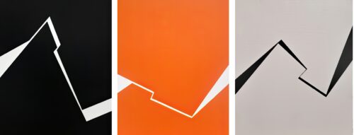 Minimalist abstract triptych painting by Veronika Obushikhina featuring fractured lines in black, orange, and light gray. Geometric hard-edge composition exploring tension and balance.