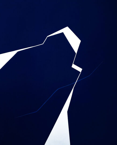 Minimalist abstract painting with a sharp white fractured line on blue background by Veronika Obushikhina