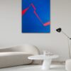Minimalist abstract painting in inrerior with a sharp red fractured line on deep blue background by Veronika Obushikhina