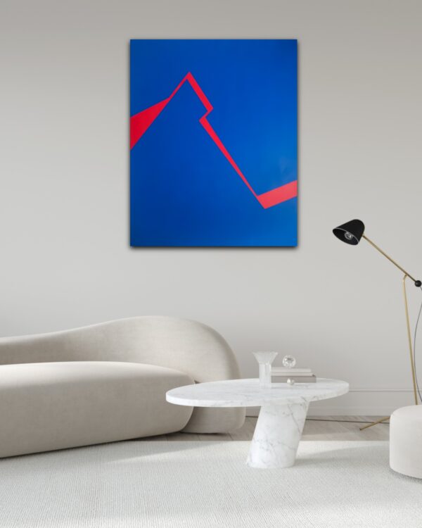 Minimalist abstract painting in inrerior with a sharp red fractured line on deep blue background by Veronika Obushikhina