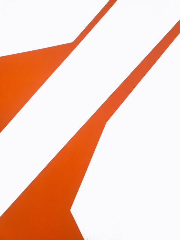 Minimalist abstract painting part by Veronika Obushikhina. Geometric composition with bold orange and white hard-edge forms, exploring visual tension, rupture, and spatial structure.
