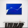 Minimalist abstract painting in fa gallery by Veronika Obushikhina with bold blue shapes, white negative space, and a sharp red fractured line. Contemporary geometric composition expressing dynamic tension and clarity.