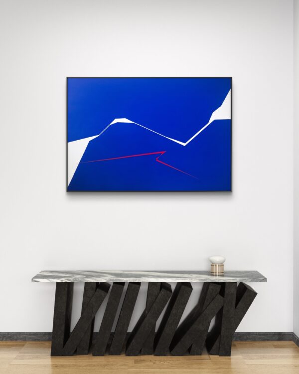 Minimalist abstract painting in fa gallery by Veronika Obushikhina with bold blue shapes, white negative space, and a sharp red fractured line. Contemporary geometric composition expressing dynamic tension and clarity.
