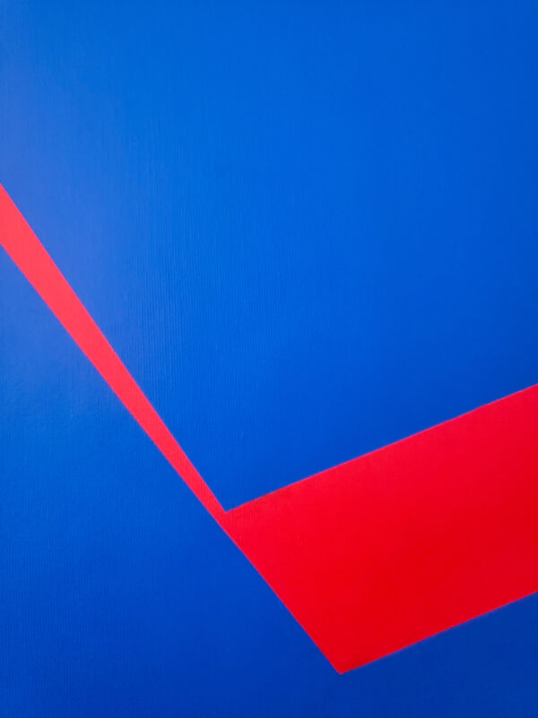 Minimalist abstract painting with a sharp red fractured line on deep blue background by Veronika Obushikhina