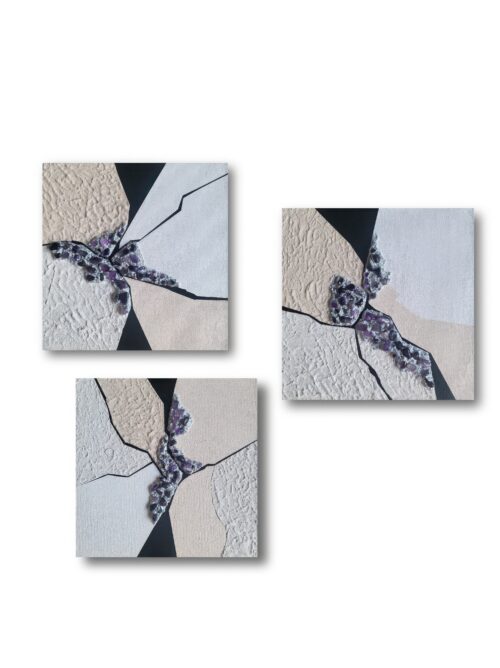 Rift 5 Triptych – minimalist abstract mixed media art by Veronika Obushikhina with textured surfaces, fractured black lines, and embedded raw amethyst crystals on neutral background.