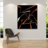 Divergence 5, minimalist abstract painting in a wall with fractured white and orange lines on a black background by Veronika Obushikhina