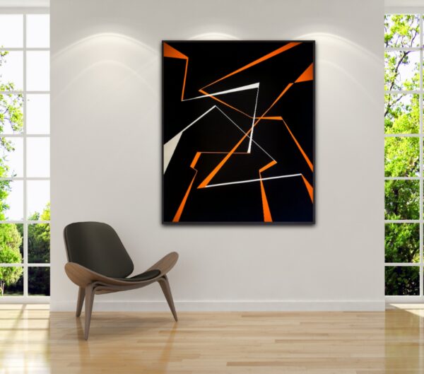 Divergence 5, minimalist abstract painting in a wall with fractured white and orange lines on a black background by Veronika Obushikhina