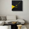 Minimalist abstract painting in interior with a sharp yellow fractured line on black background by Veronika Obushikhina