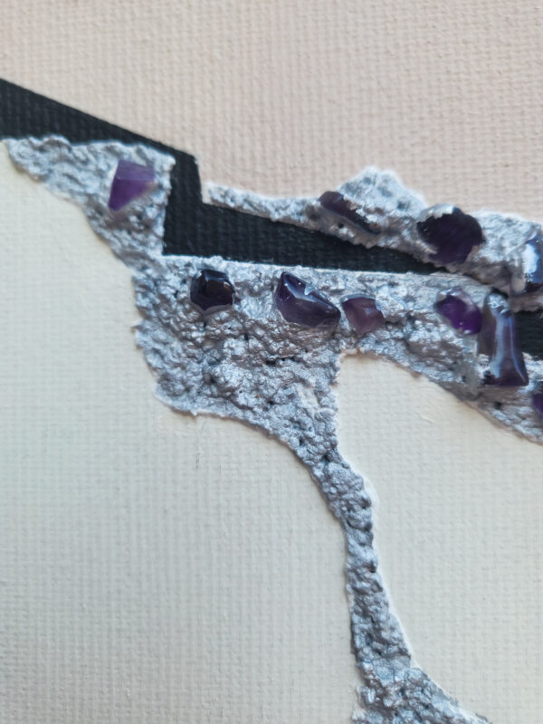 Rift 3 Minimalist abstract painting details with raw amethyst crystals embedded in silver crack – contemporary mixed media art by Veronika Obushikhina