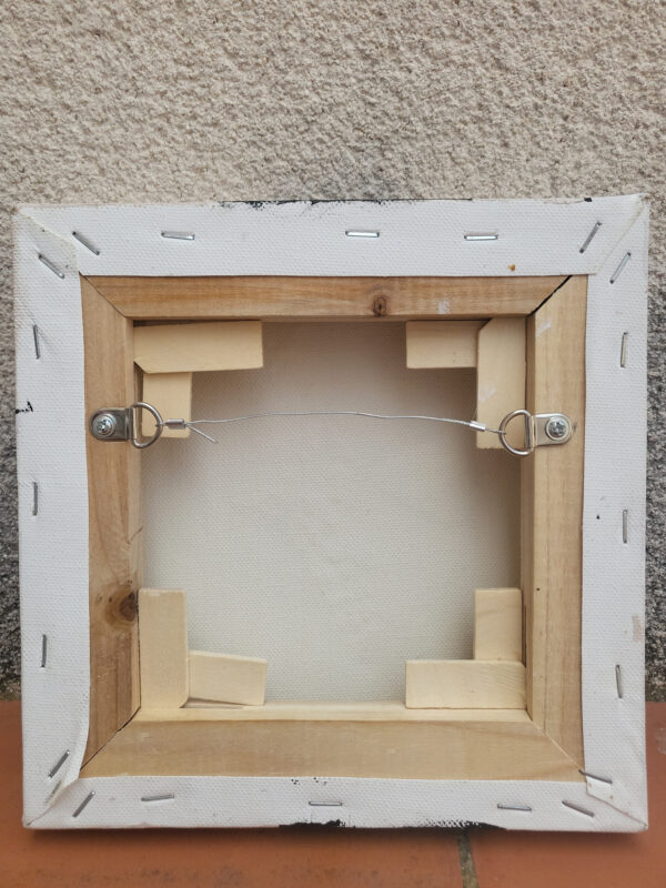 back of Rift 5 Triptych by Veronika Obushikhina – textured abstract art with fractured black lines and embedded raw amethyst crystals on neutral background.