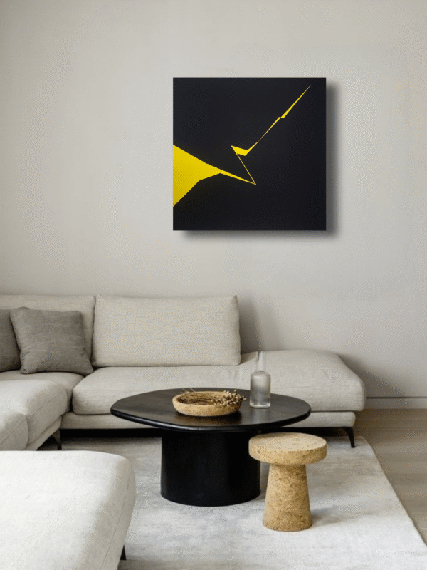 Minimalist abstract painting in interior with a sharp yellow fractured line on black background by Veronika Obushikhina