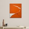 Divergence 6, minimalist abstract painting in interior with sharp fractured lines in white and blue on a vibrant orange background by Veronika Obushikhina