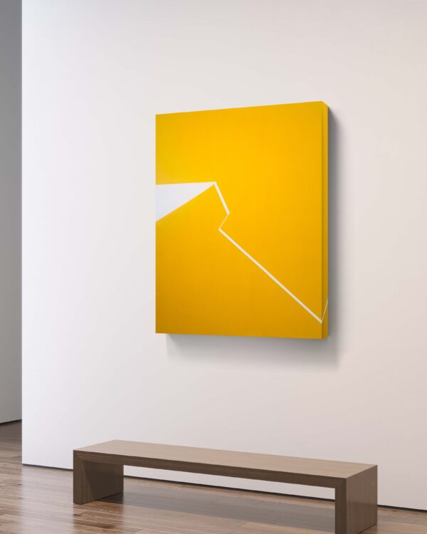 Minimalist abstract painting side with a sharp white fractured line on yellow background by Veronika Obushikhina