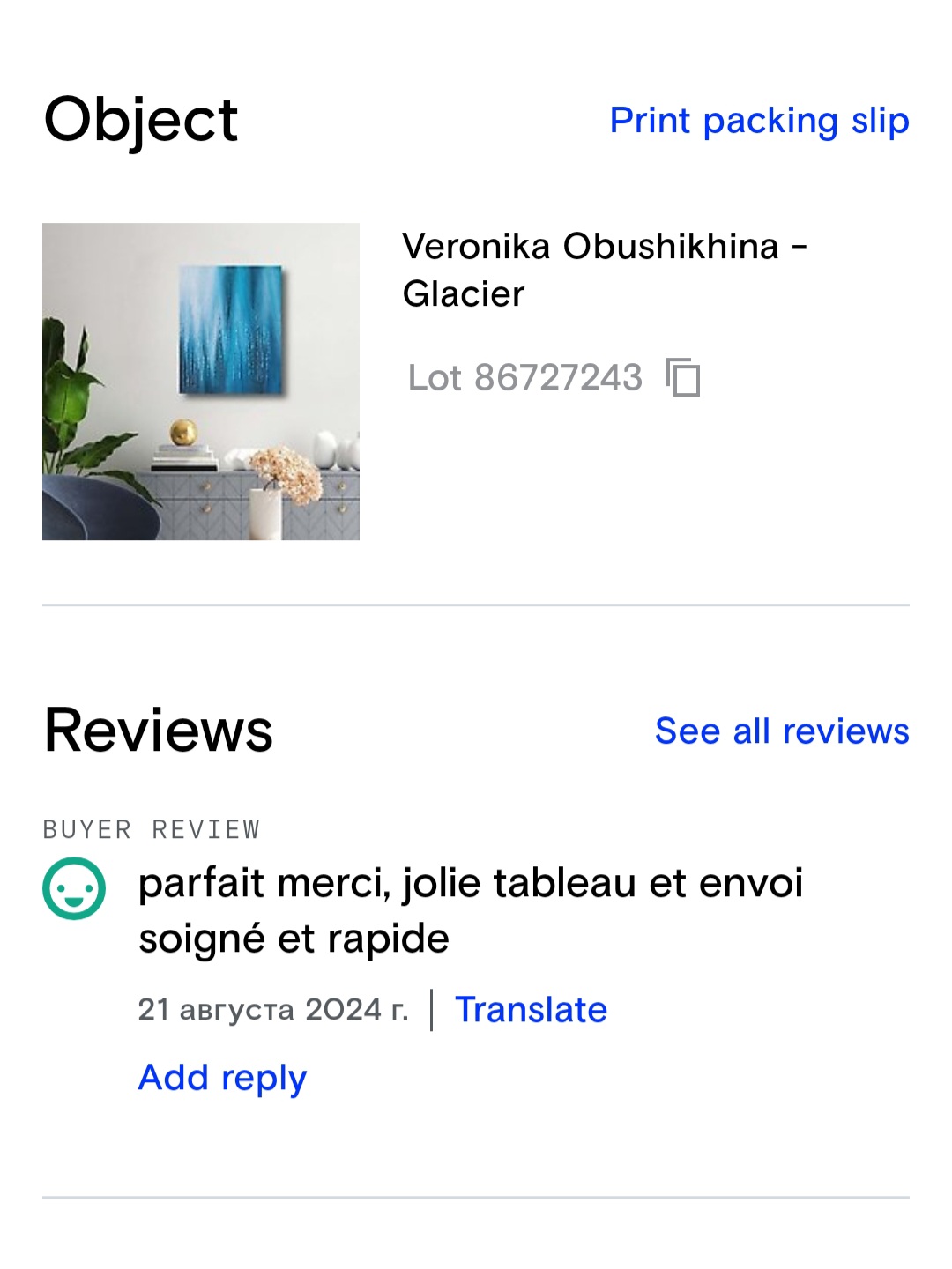 Customer feedback for Glacier painting by Veronika Obushikhina – praised for beauty and fast, careful delivery