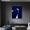 Minimalist abstract painting in a dark interior with a sharp white fractured line on blue background by Veronika Obushikhina