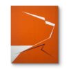 Divergence 6, minimalist abstract painting in a frame with sharp fractured lines in white and blue on a vibrant orange background by Veronika Obushikhina