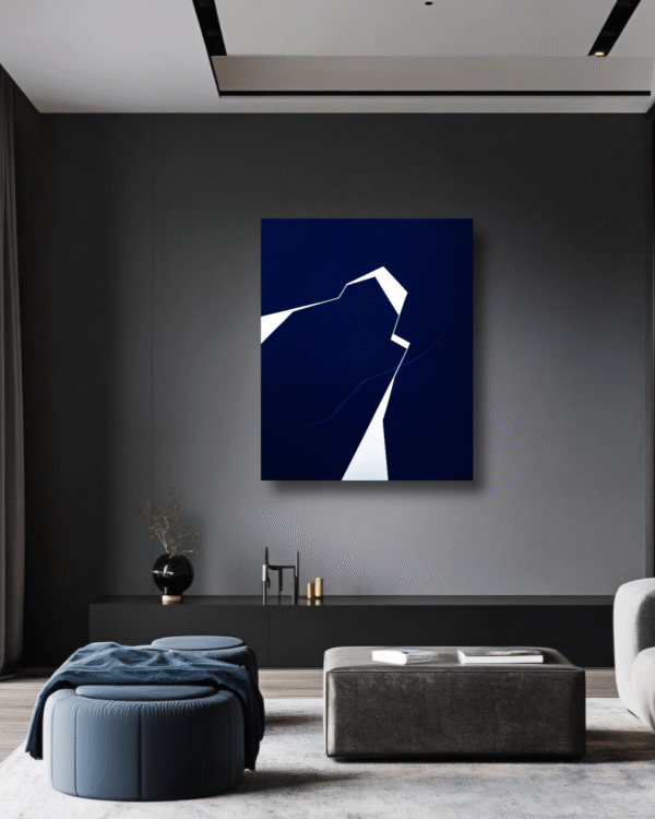 Minimalist abstract painting in a dark interior with a sharp white fractured line on blue background by Veronika Obushikhina