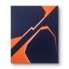 Divergence 7, minimalist abstract painting in a frame with sharp fractured lines in white and blue on a vibrant orange background by Veronika Obushikhina