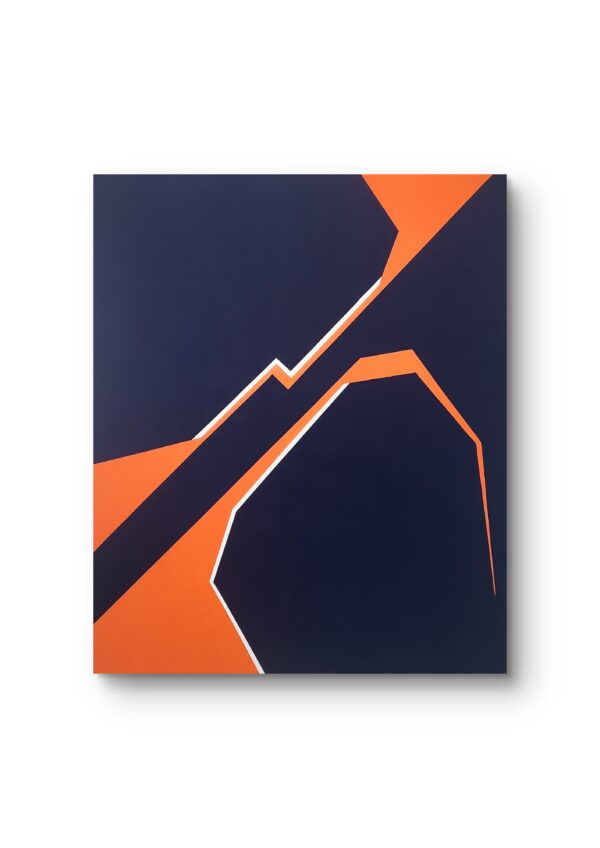 Divergence 7, minimalist abstract painting in a frame with sharp fractured lines in white and blue on a vibrant orange background by Veronika Obushikhina