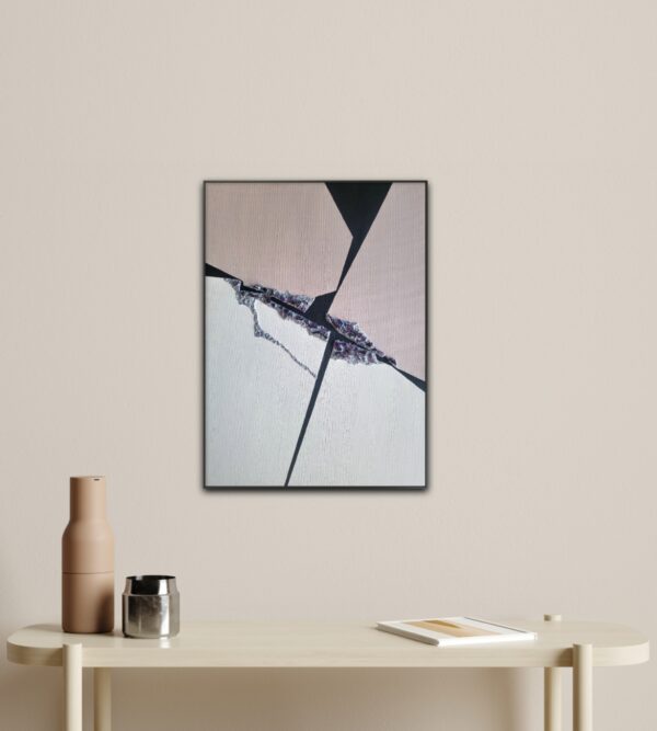 Rift 3 Minimalist abstract painting in interior with raw amethyst crystals embedded in silver crack – contemporary mixed media art by Veronika Obushikhina
