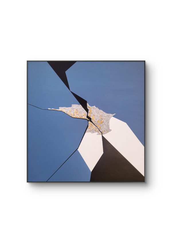 Rift 4 by Veronika Obushikhina, abstract minimalist painting in frame with sharp black lines, textured mineral area with golden-yellow accents, and geometric blue, white, and black forms