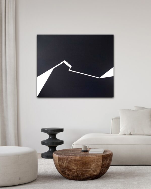 Minimalist abstract painting in interior with a sharp white fractured line on black background by Veronika Obushikhina
