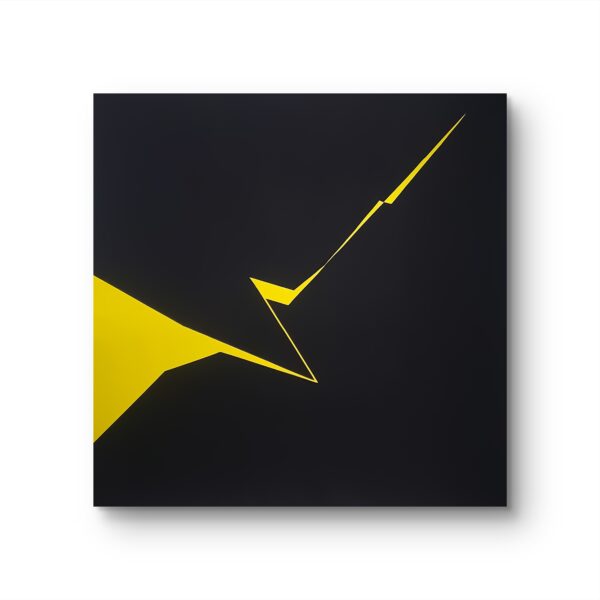 Minimalist abstract painting in frame with a sharp yellow fractured line on black background by Veronika Obushikhina